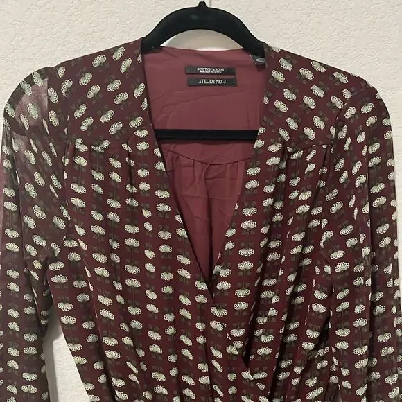 SCOTCH & SODA Atelier 4 Maroon Floral High-Low Wrap Dress, Size M - Picture 5 of 13